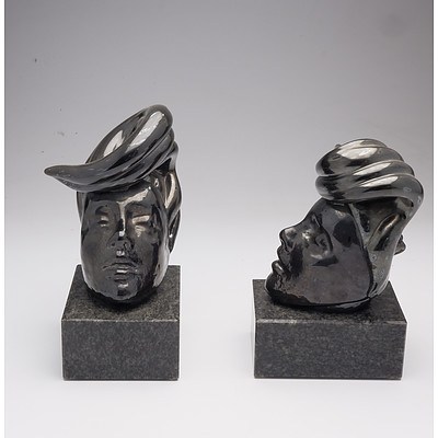 Pair Ceramic Bookends on Polished Granite Base