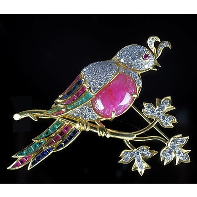 Magnificent 18ct Yellow Gold Bird Brooch with Diamonds, Rubies, Emeralds and Sapphires