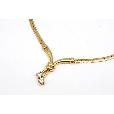 18ct Yellow Gold Necklet Snake Chain with Centre Drop with Two Round Brilliant Cut Diamonds