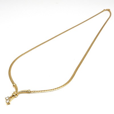 18ct Yellow Gold Necklet Snake Chain with Centre Drop with Two Round Brilliant Cut Diamonds