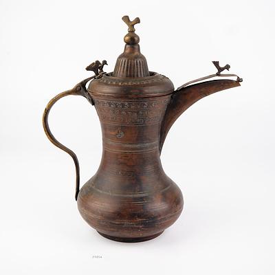 Middle Eastern Copper and Brass Coffee Pot with Bird Finials