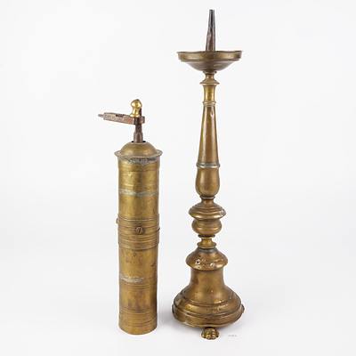 Middle Eastern Engraved Brass Coffee Grinder and Brass Candlestick