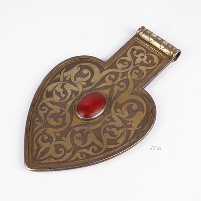 Large Turkoman Heart Shaped Engraved Metal Pendant with Red Resin Medallion