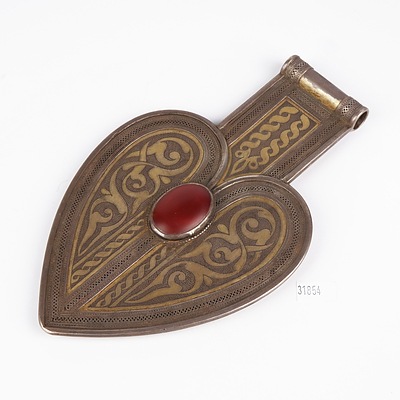 Large Turkoman Heart Shaped Engraved Metal Pendant with Red Resin Medallion