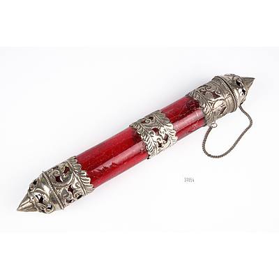 Middle Eastern Metal and Red Glass Cylindrical Scroll Holder