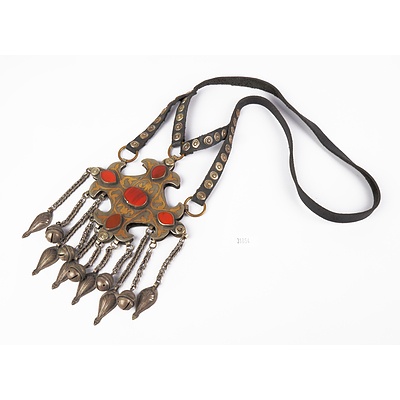 Turkoman Engraved Metal Pendant with Red Agate