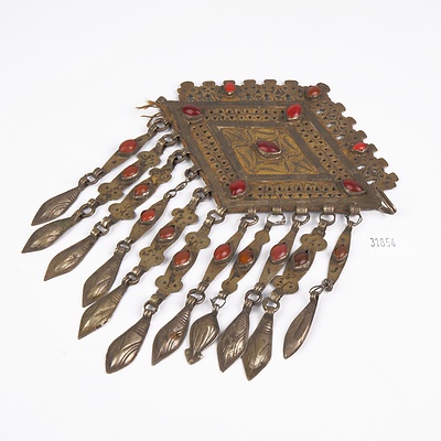 Turkoman Engraved Metal Dress Ornament with Red Agate