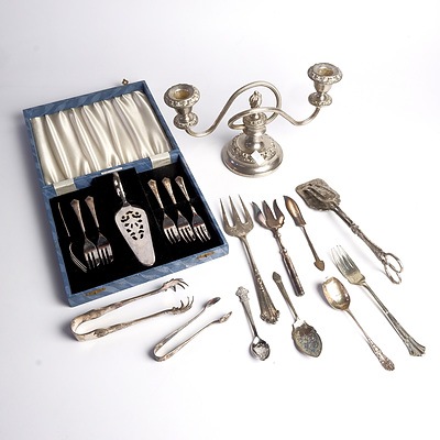 Vintage Silver Plate Candelabra, Boxed Dessert Fork Set and Assorted Cutlery
