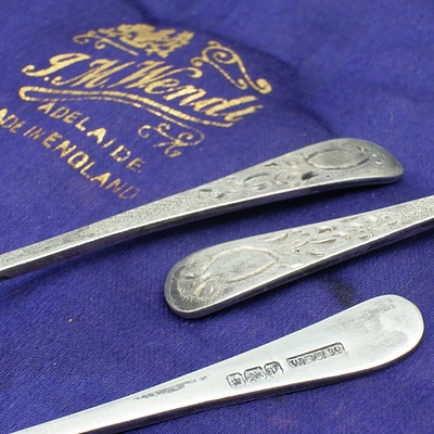 Boxed Set of Sheffield Sterling Silver Teaspoons and Nips Retailed by JM Wendt Adelaide