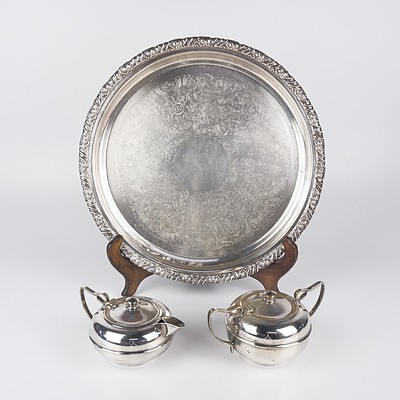 Hecworth Silver Plate Drinks Tray and Silver Plate Teapot with Lidded Sugar Bowl