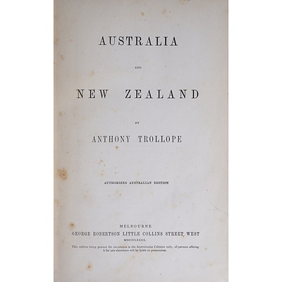 Anthony Trollope, Australia and New Zealand, Authorized Australian Edition, George Robertson, Melbourne, 1878, Hardcover