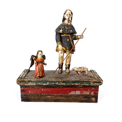 Antique Filipino Hand Carved and Painted Santos Figure of Saint Roch on his Pilgrimage Accompanied by an Angel and a Dog, Late 19th to Early 20th Century