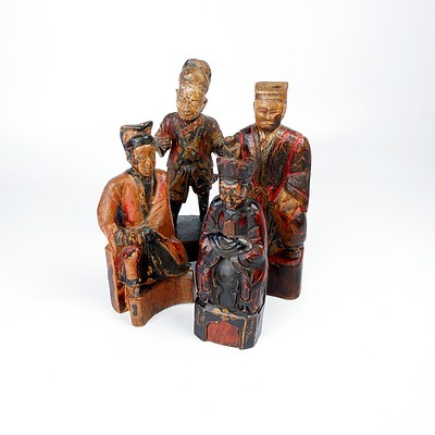 Four Antique Chinese Hand Carved and Painted Kitchen Gods, Late 19th Century