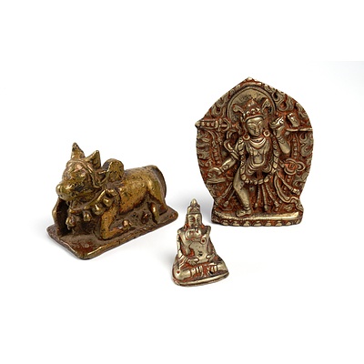 Indian Cast Brass Sacred Cow, Small Cast Brass Erotic Figure and Cast Brass Hindu Deity