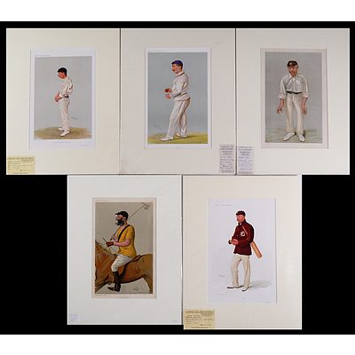 A Collection of Five Chromolithographs From Vanity Fair, Including Cricketers by Sir Leslie Ward (Spy) 1902-1907 & A Polo Player, Earl of Harrington 1891 (5)