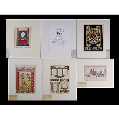 A Collection of Three Antique French Art Nouveau Chromolithograph Window Designs Together with Two Pochoir Interior Designs and a Lithograph of Mennecy Porcelain Designs (6)