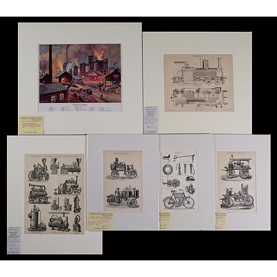 A Collection of Six Antique German Engravings and Lithographs of Locomotive Engines and Bicycles Together with a Colour Lithograph of a Mill by A. Dressell (6)