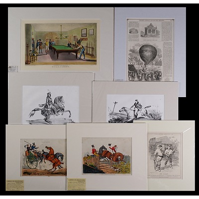 A Collection of Seven Antique Lithographs & Engravings of Recreational Pursuits Including Hunting & Billiards (7)