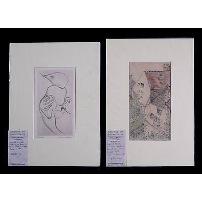 A Crayon Drawing by J. Schneider, Village House & Etching by Suzanne Torte, Mother & Child 8/36 (2)