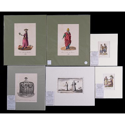 A Collection of Six Antique Hand-Coloured Lithographs & Engravings of Men & Women from Around the World Including Tahiti & Central Europe (6)