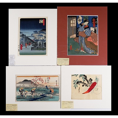 Four Japanese Woodblock Prints Including Hiroshige, Sandai and Another (4)