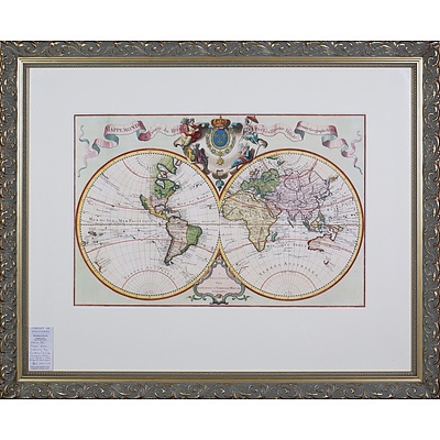 A Framed Antique Hand-Coloured Engraving, Covens & Mortimer World Map c1730