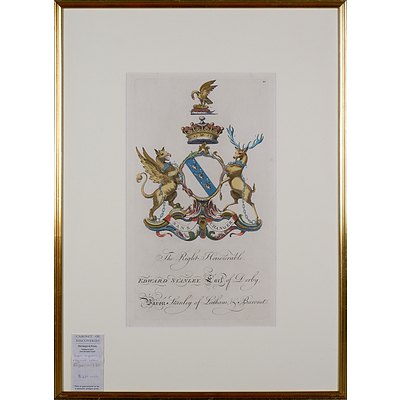 Two Framed Hand-Coloured Copper Engravings, Coat of Arms, Baron Boyle & Baron Stanley c1770 (2)