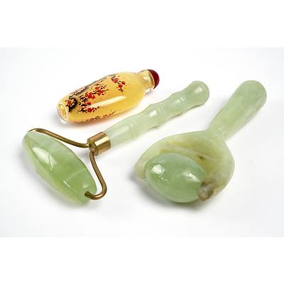 Two Eastern Jadeite Rollers and a Decorated Glass Scent Bottle (3)