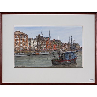 M. B. Turner, European Harbour Scene, 1992, Ink and Watercolour, 22 x 37 cm