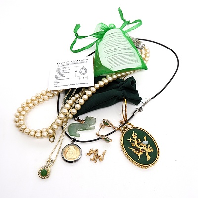 Collection of Costume and Souvenir Jewellery, Including Pale Jade Tiger Pendant