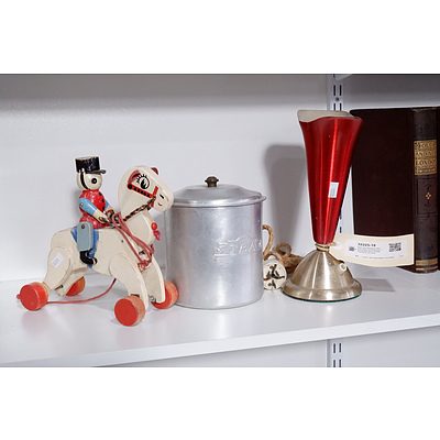 Retro Red Anodised Tulip Table Lamp, Ace Aluminium Tea Canister and a Vintage Pull Along Toy Horse