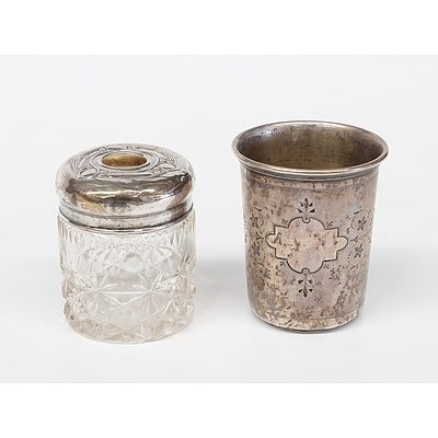 Birmingham Stirling Silver and Cut Glass Pin Jar, and an 800 Silver Beaker