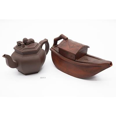 Two Chinese Yixing Pottery Teapots Including Boat Shaped