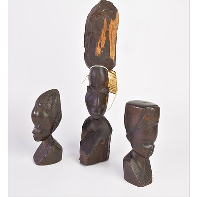 Three Vintage African Carved Ebony (Zambia) Wood Busts