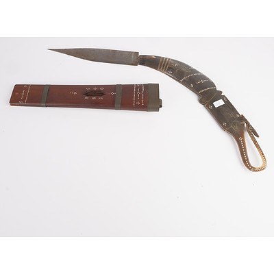 Eastern Ceremonial Dagger with Carved Buffalo Horn Handle, Hardwood Sheath and Decorated