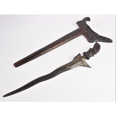 Indonesian Kris Dagger with Ornately Carved Handle and Sheath