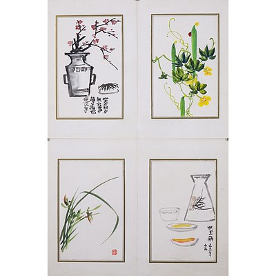 Eight Framed Chinese Ink Drawings of Birds & Other Subjects