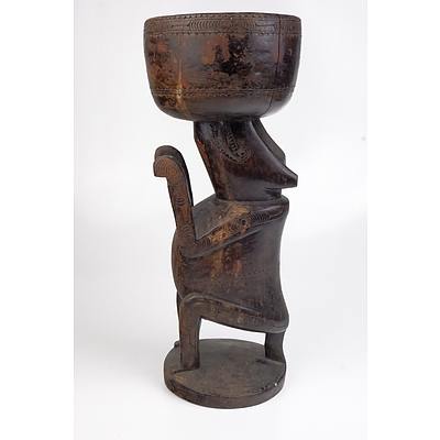 Massim Culture Trobriand Island Carved Hardwood Bowl on Decorative Sitting Dog Support