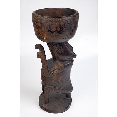 Massim Culture Trobriand Island Carved Hardwood Bowl on Decorative Sitting Dog Support
