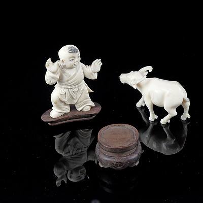 Antique Chinese Carved Ivory Buffalo and Boy, and a Small Silver Wire Inlaid Rosewood Stand