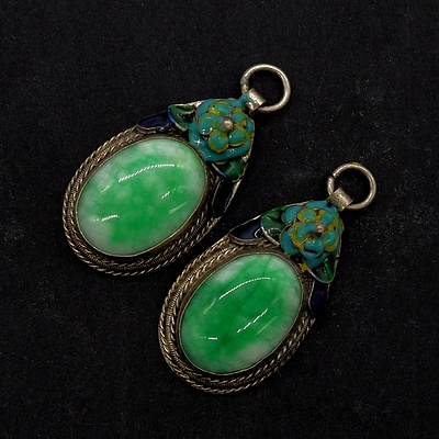 Two Chinese Export Silver, Enamel and Died Quartz Pendants