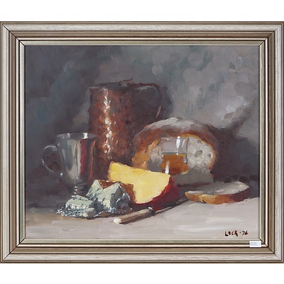 Lock (20th Century), Still Life With Cheese and Pewter Mug, 1976, Oil on Board
