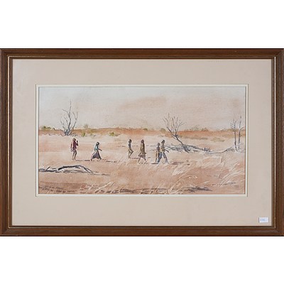 Helen Baldwin (1912-2021), to Dashwood Creek, Children From Mount Bungara in Search of Bush Tucker (Luritja Tribe), Watercolour