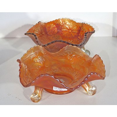 Two Marigold Carnival Glass Footed Bowls