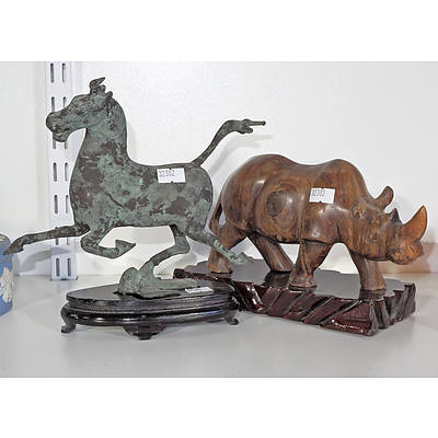 Reproduction Bronze Han Flying Horse and Carved Wooden Rhino