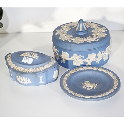 Two Wedgwood Jasper Ware Lidded Boxes and a Pin Dish