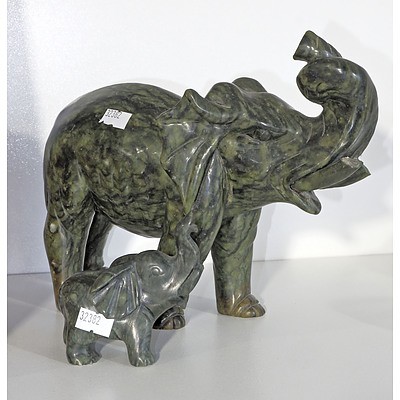 Two Carved Serpentine Elephants