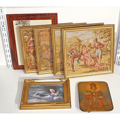 Four Framed Machine Embroideries, Vintage Lithographed Tin Icon Etc