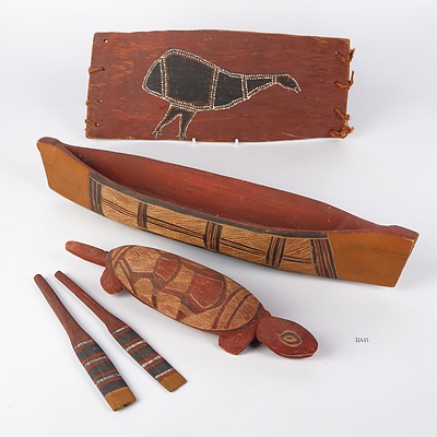 Three Tiwi Islands Carved Wood and Ochre Items Including Emu Bark Painting, Canoe and More