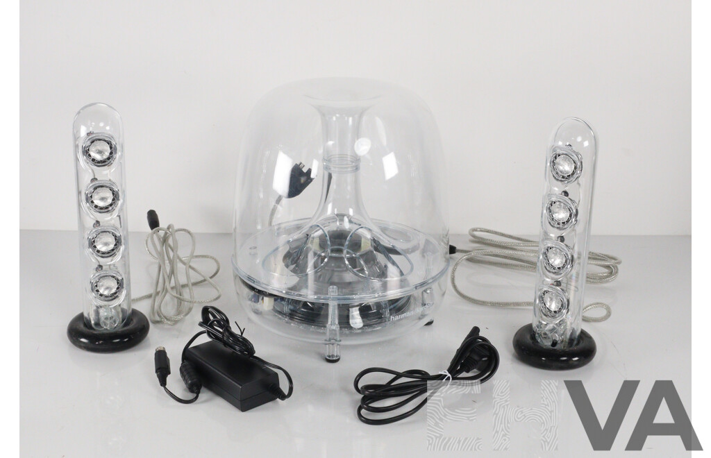 Very Futureistic Harman Kardon Soundsticks III Self Powered Satellite Speakers and Subwoofer System, in Original Box